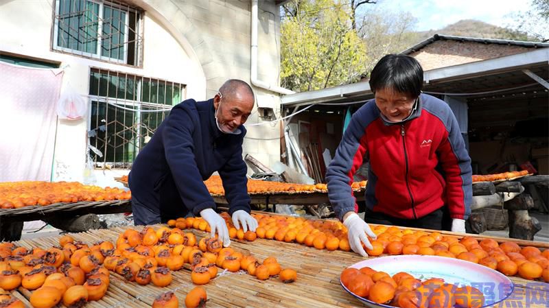王建祥（左）与老伴儿正将去了皮的柿子细细摆放整齐。_proc.jpg